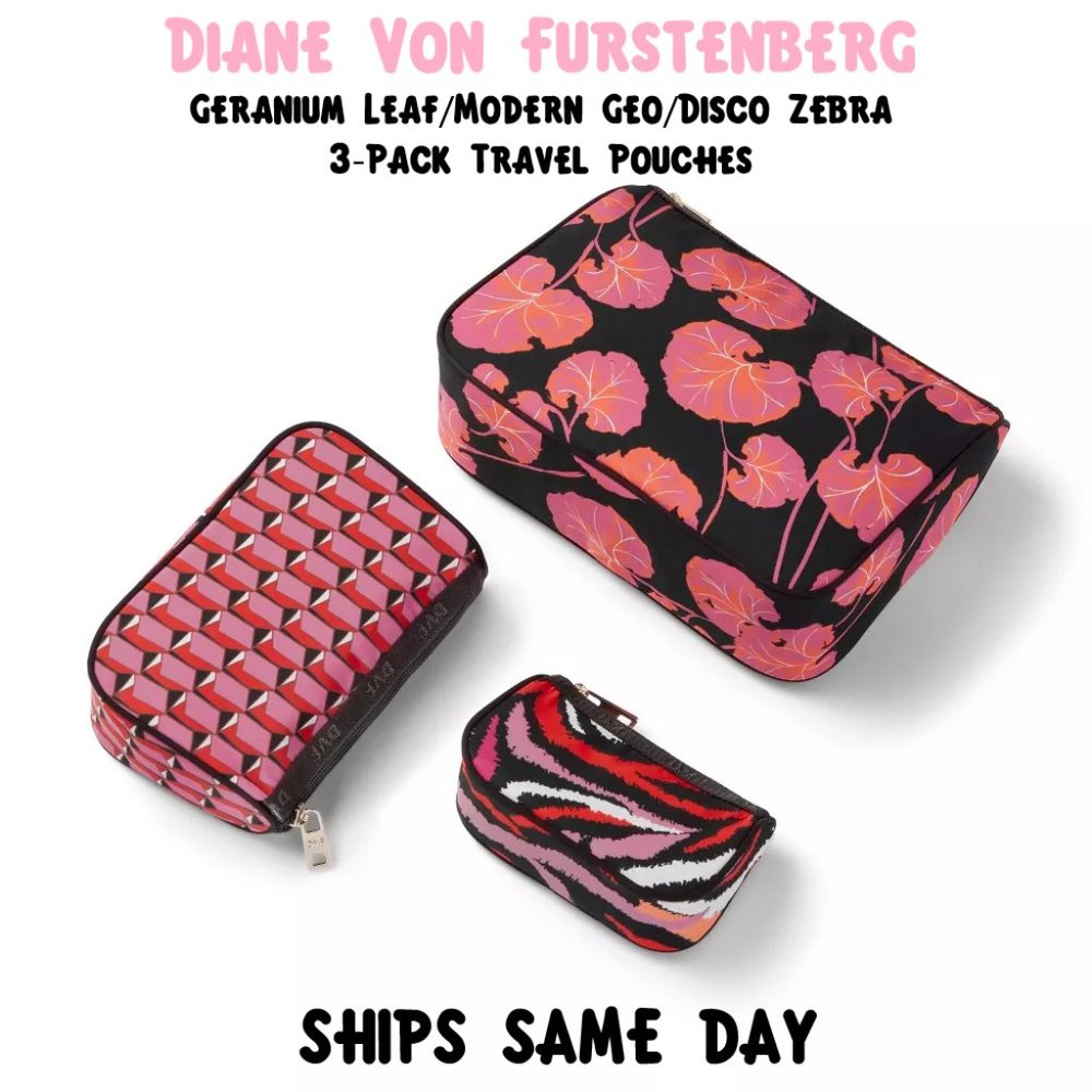 DVG Diane Von Furstenberg Geranium Leaf Geo Disco Zebra 3-Pack Travel Pouch NEW